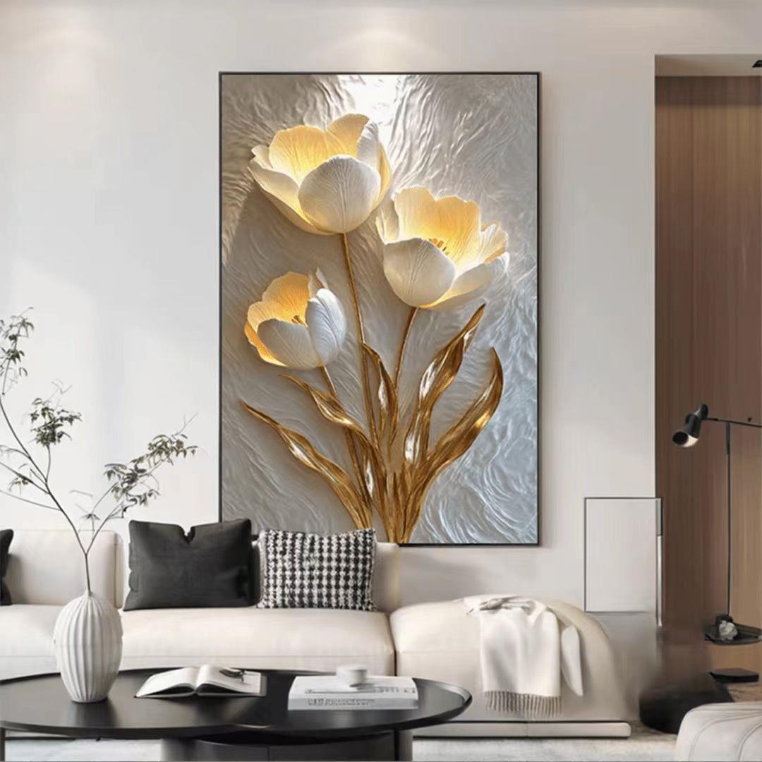 简约轻奢装饰画风金蕊流光郁金香花卉装饰画沙发背景墙挂画