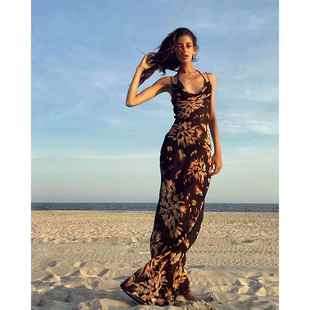 Women Cowl Print Maxi Beac Strap Dress Spaghetti Floral Neck