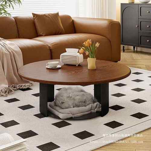 法式奶油茶几组合简约客厅家用现代实木椭圆形圆形极简轻奢小户型