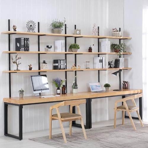 严选简约实木靠墙书桌架一体创意办公桌配套置物架书房铁艺书桌子