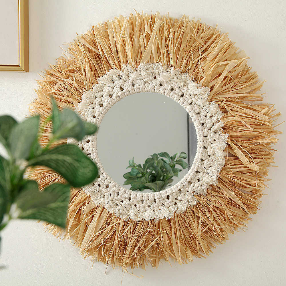 北欧镜子手工拉菲草棉绳化妆镜床头卧室民宿酒店家居装饰品壁挂