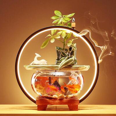新中式创用意家办公饰开TKS业装摆造景养鱼缸流水生财件桌面过滤
