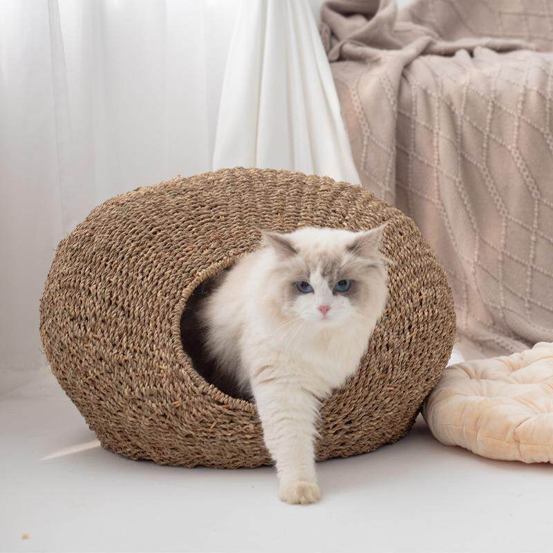 草编猫窝半封闭式猫吊床夏天凉窝垫子手工编织宠物猫咪窝四季通用