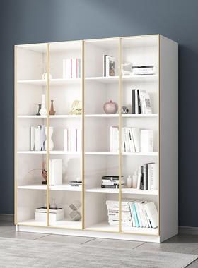 实木书架带玻璃门书落地现代房简一体靠约墙白色置物轻WGI奢书柜