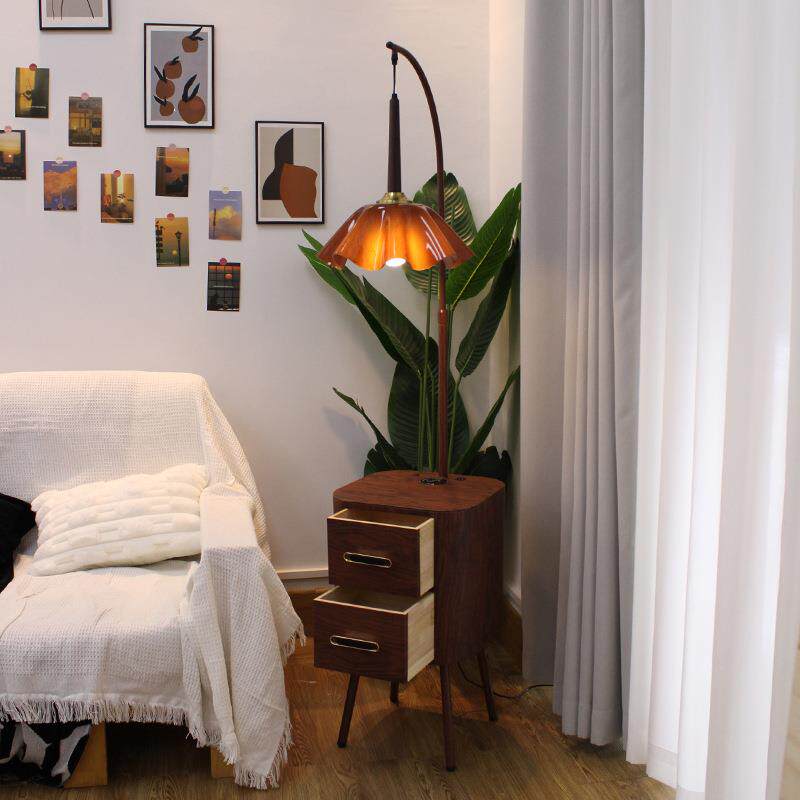 复古中古风落地灯法式卧室客厅沙发边几茶几床头柜台灯置物架一体