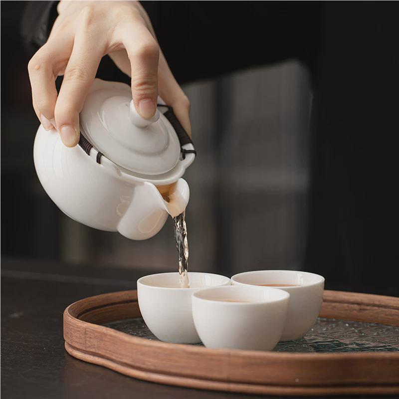 几、欢羊脂玉白瓷手抓壶大号茶杯拖盘实高档轻奢壶用功茶夫茶具套