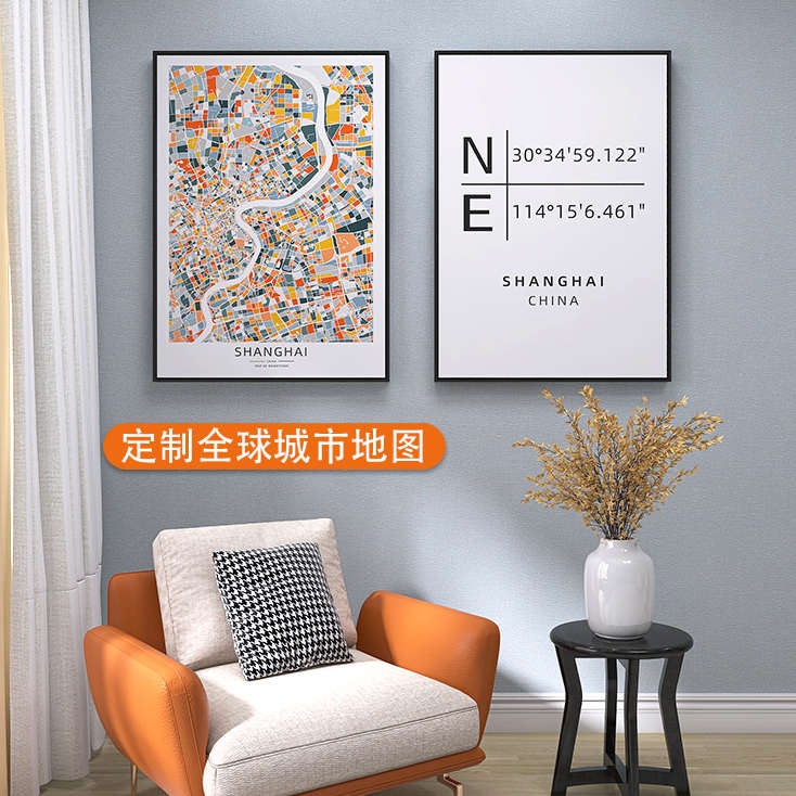 客厅沙发背景墙装饰画定制线条色块城市地图艺术挂画玄关餐厅壁画图片