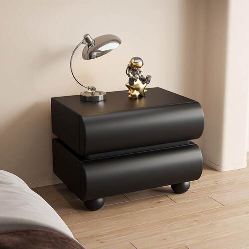 简约现代实木中古奶油风床头柜意式极简轻奢高级感黑色床头收纳柜