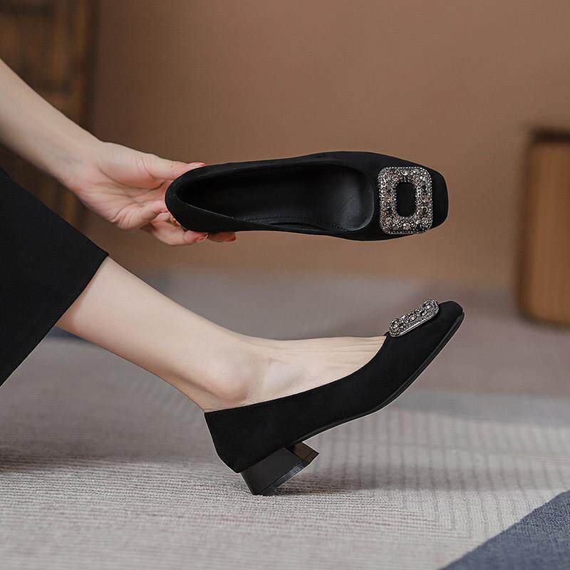 店主自留新款~真皮方头粗跟单鞋女春秋季黑色低跟浅口职业高跟鞋