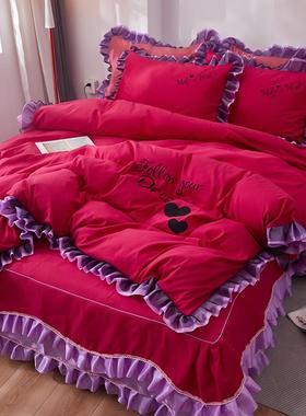 正品韩版全色棉纯棉床裙式四套主公风纯被套少女心斜纹件裸睡床上