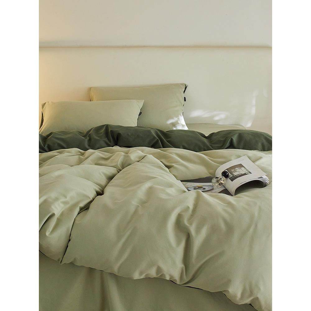 A类100S高支加厚全棉四件套 清新秋冬纯色双拼色纯棉磨毛床单床笠