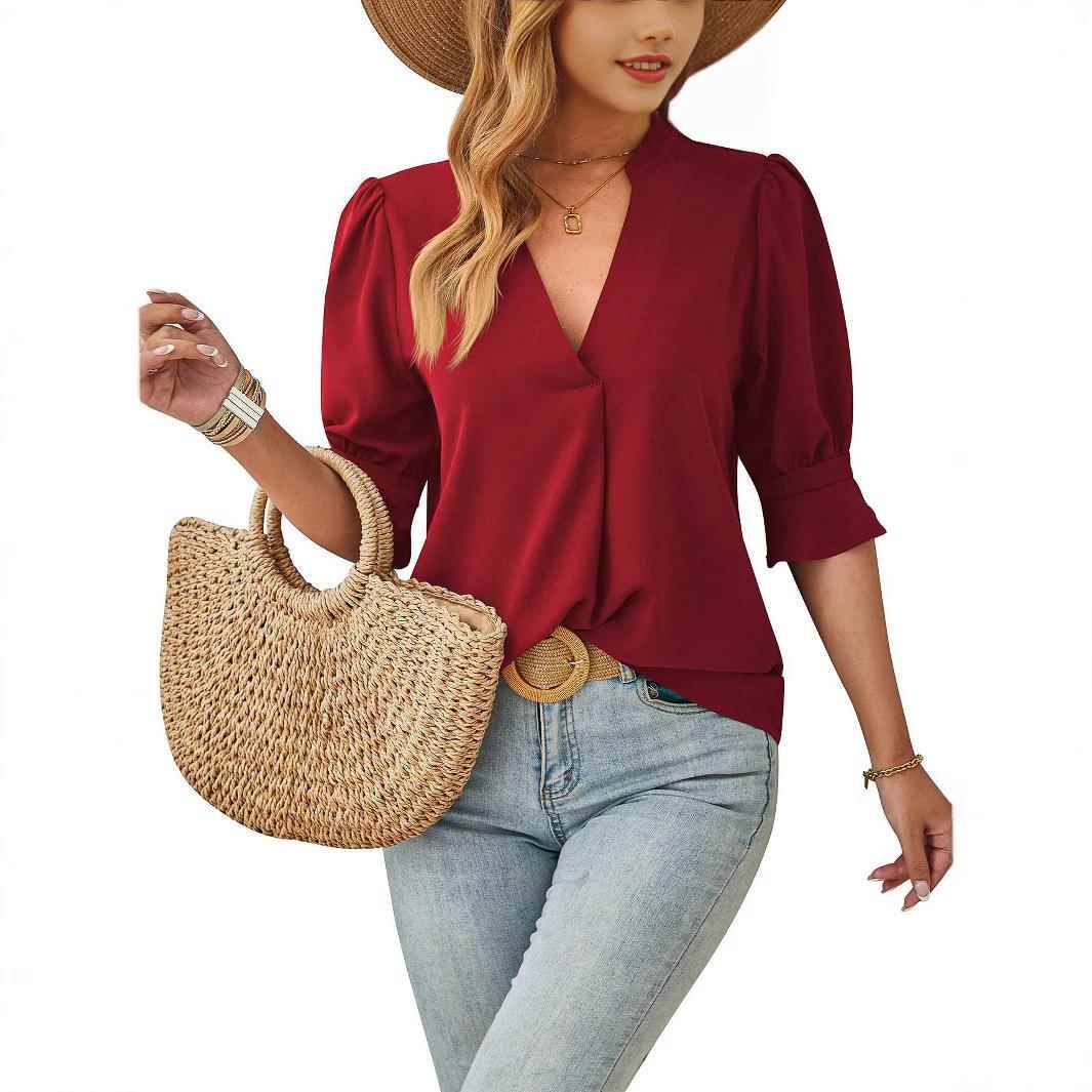 womens inner swallowtail T-shirt solid pleated fashionable