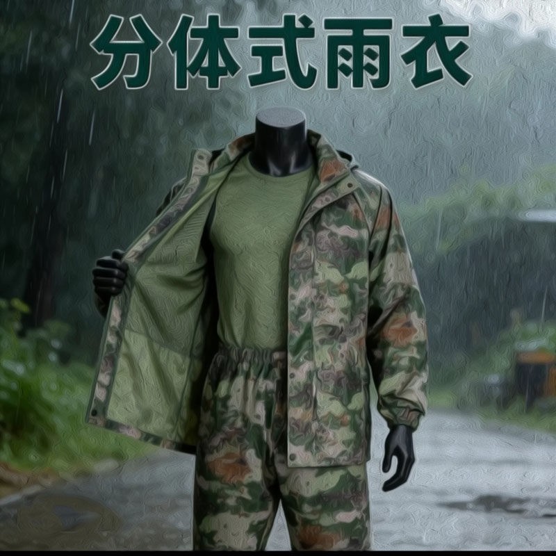 际华EXP21Z-S制式连身雨衣雨披军绿迷彩长版两件式雨衣雨裤防水雨