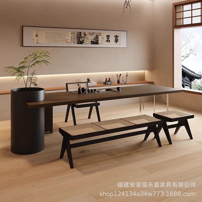 创实意木茶桌计老板办公室设NAK师茶室茶台办公桌带花茶盘一体可