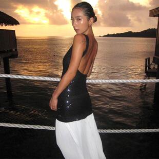 sleeveless backless sequined patchwork style Women long