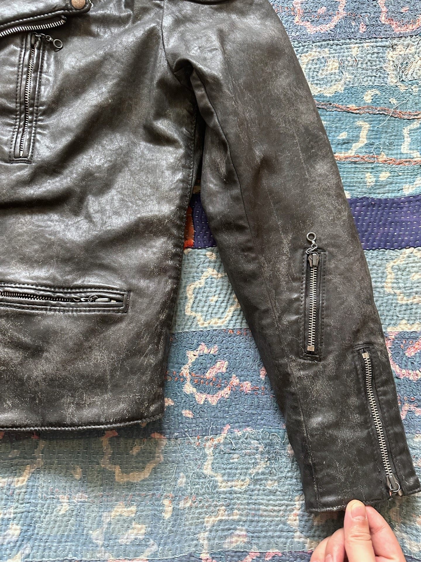 Black Coated Diagonal Zip Motorcycle Jacket — back