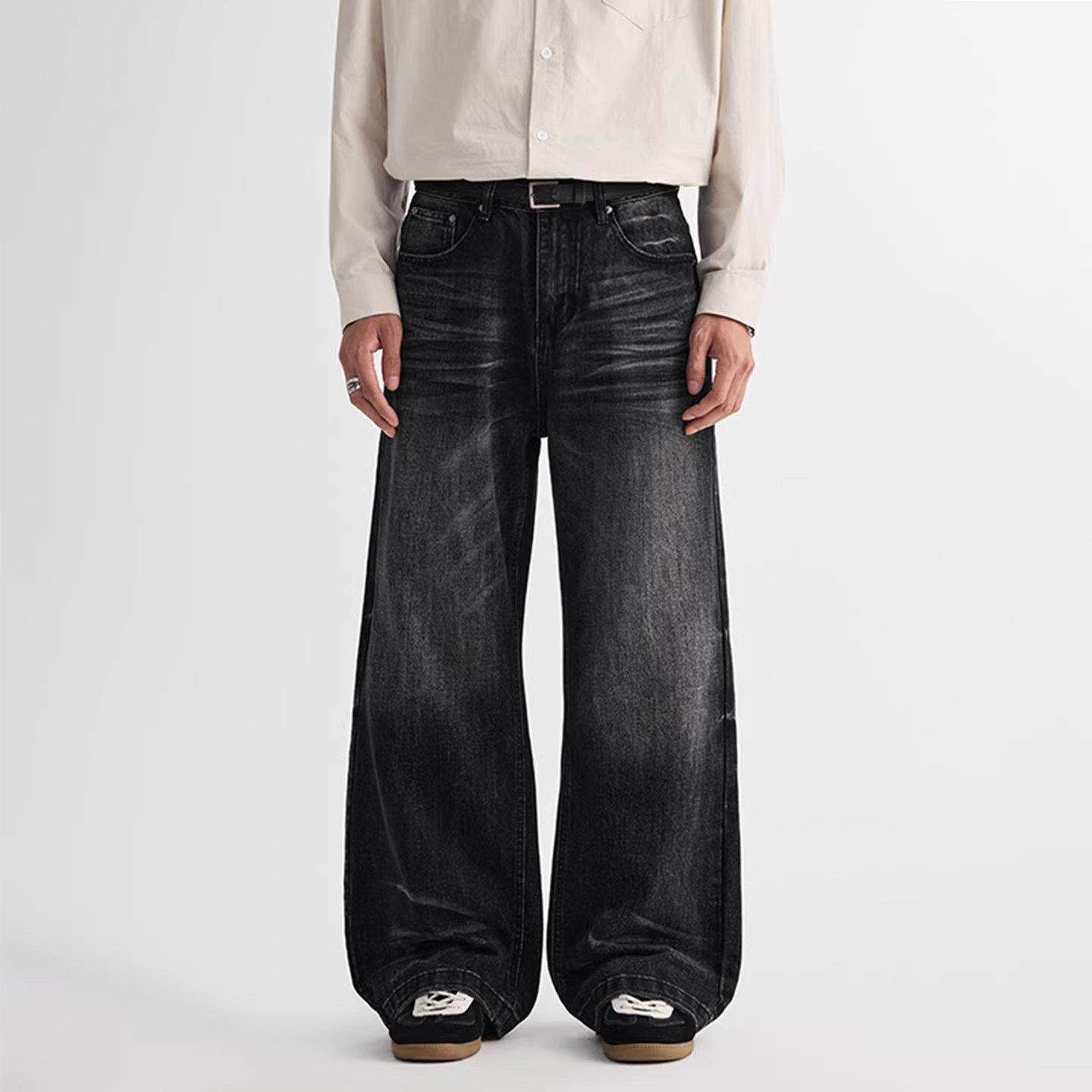 香港高端潮牌牛仔裤男春季新款美式高街猫须宽松微喇阔腿直筒裤子