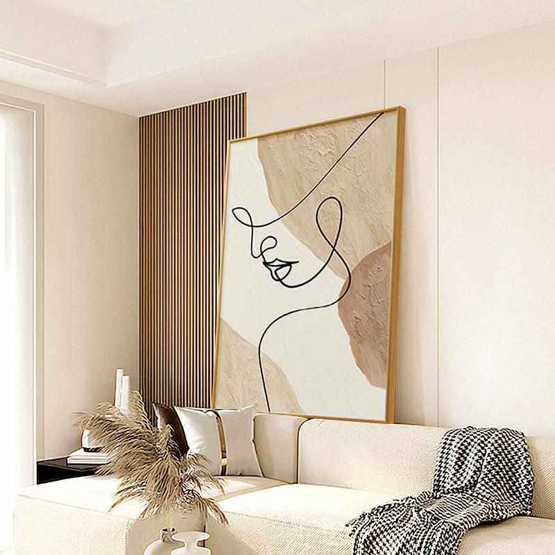 原木风客厅装饰画沙发背景墙挂画奶油色北欧线条人物主卧室壁画