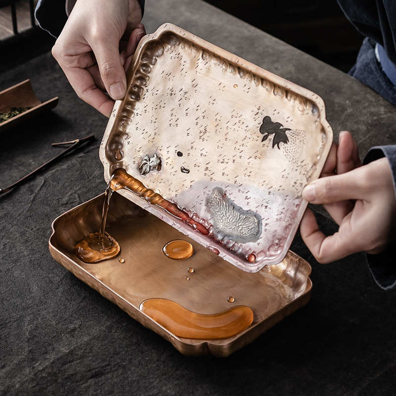 大岸堂金鱼鎏银紫铜壶承手工干泡台长方形蓄水托盘茶台茶道配件