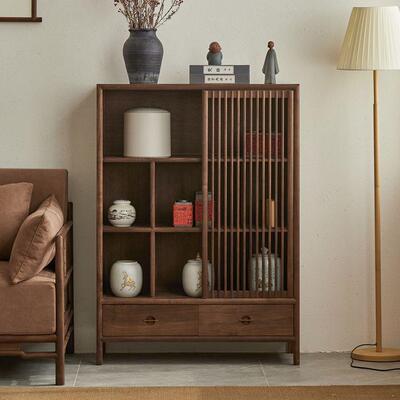 实新中式木餐边柜边客厅柜沙侧发边柜储物柜黑胡桃木茶桌BG-0209