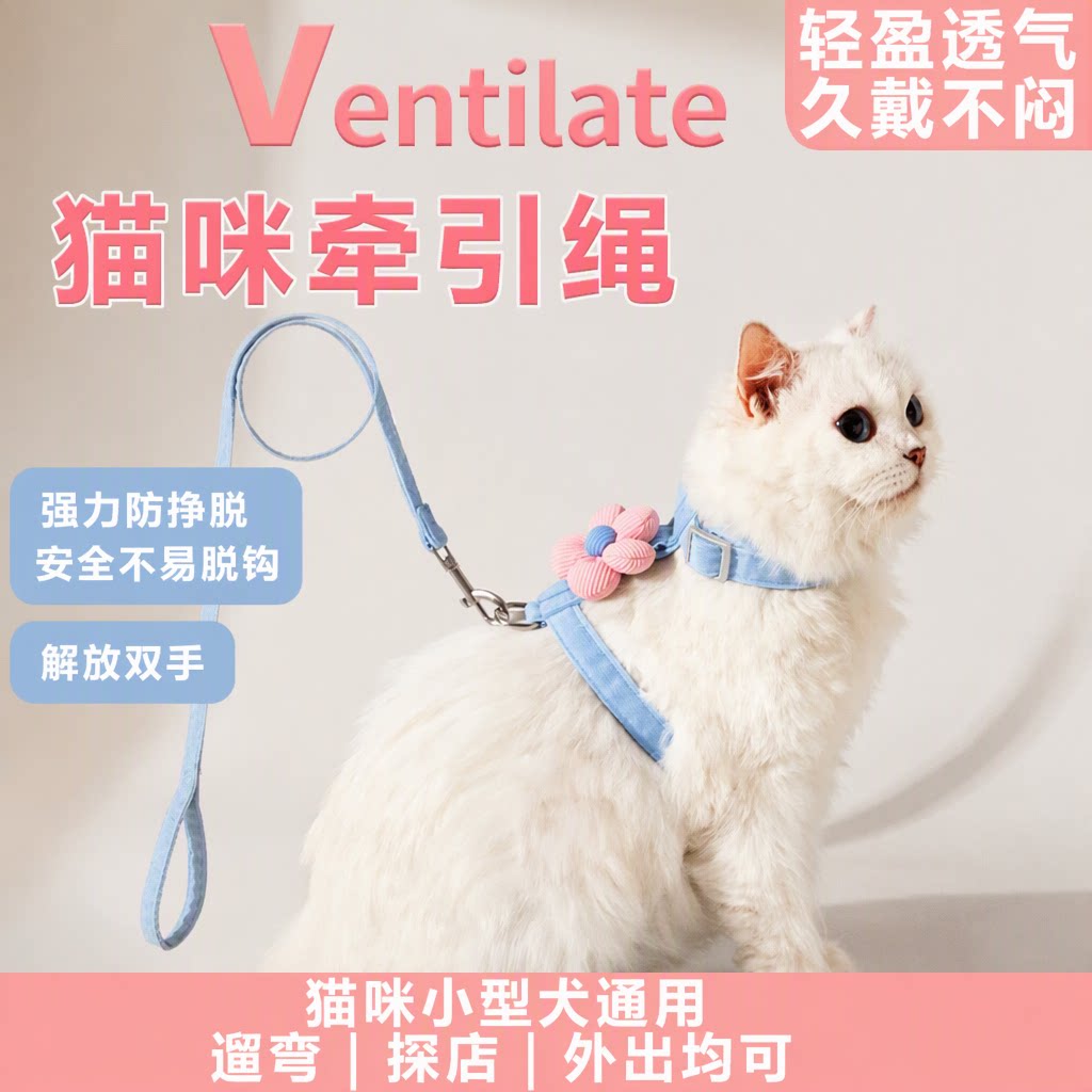 猫咪牵引绳防挣脱可调节胸背带透气幼猫小型犬外出遛猫绳花朵装饰