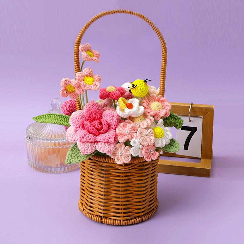成品束手工编织毛线花篮花束仿真日葵瑰向花居玫家插花教师节送老