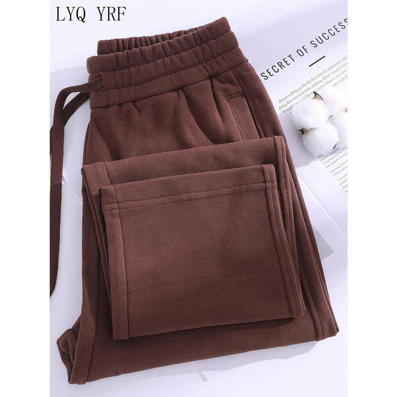 Lyq yrf100%全棉咖啡色直筒运动裤女春秋款新款毛圈休闲卫裤长裤