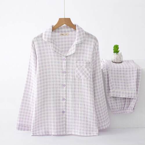 Women'S Comfortable Plaid Pajama Set Long Sleeve Button-Up