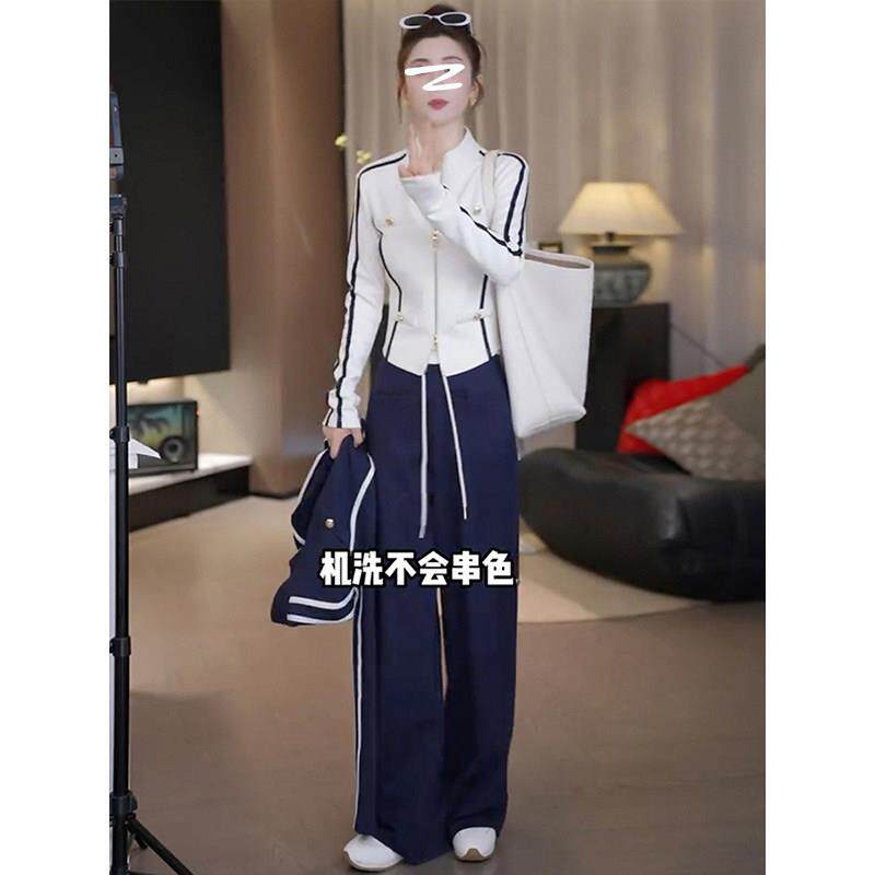 欧洲站休闲运动套装女2026新款春秋拼接撞色开衫高腰阔腿裤两件套