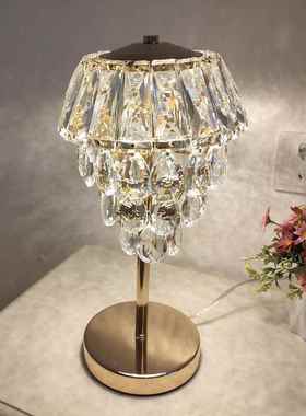 水晶灯跨境电商轻奢北美北欧金色卧室K9少女浪漫床头水晶台灯