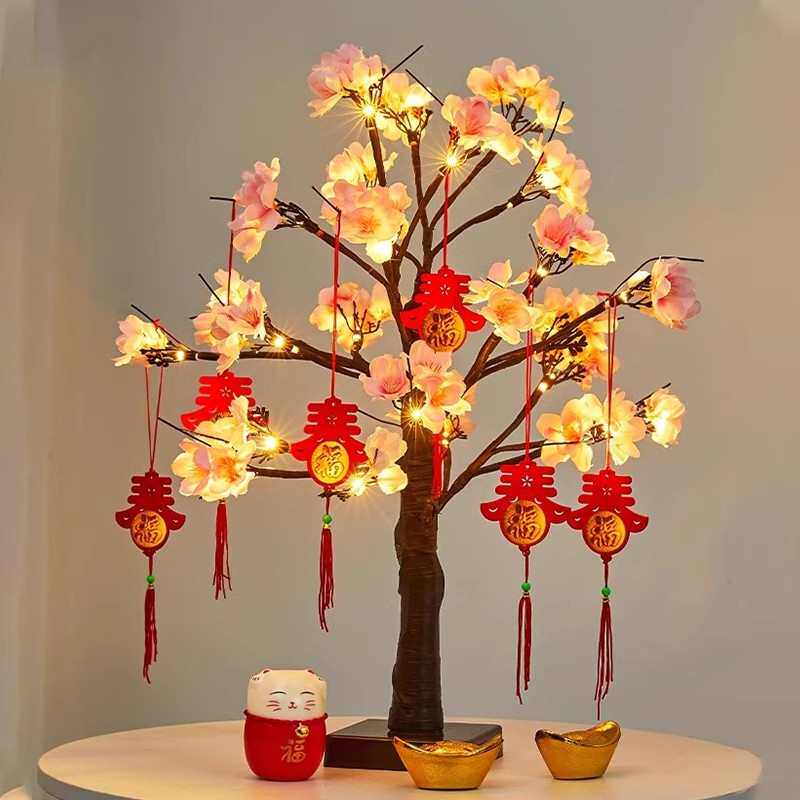 春节桃灯笼花树桌面客厅发光新居摆件新年装饰乔迁树布置装饰品