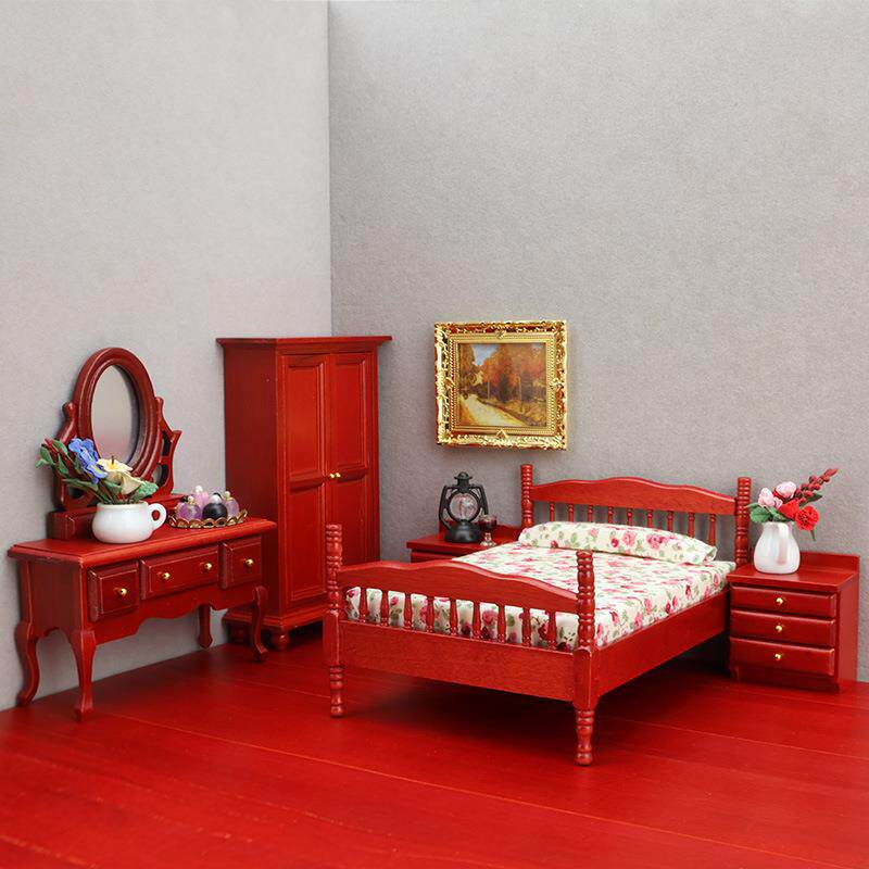 1:12娃娃屋dollhouse迷你家具模型微缩卧室套装微场景床梳妆台柜