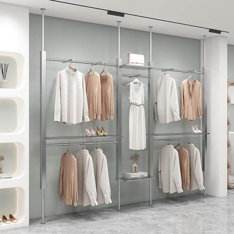 服装店不锈钢上墙双层挂衣架壁挂立柱男装陈列货架女装店展示架子