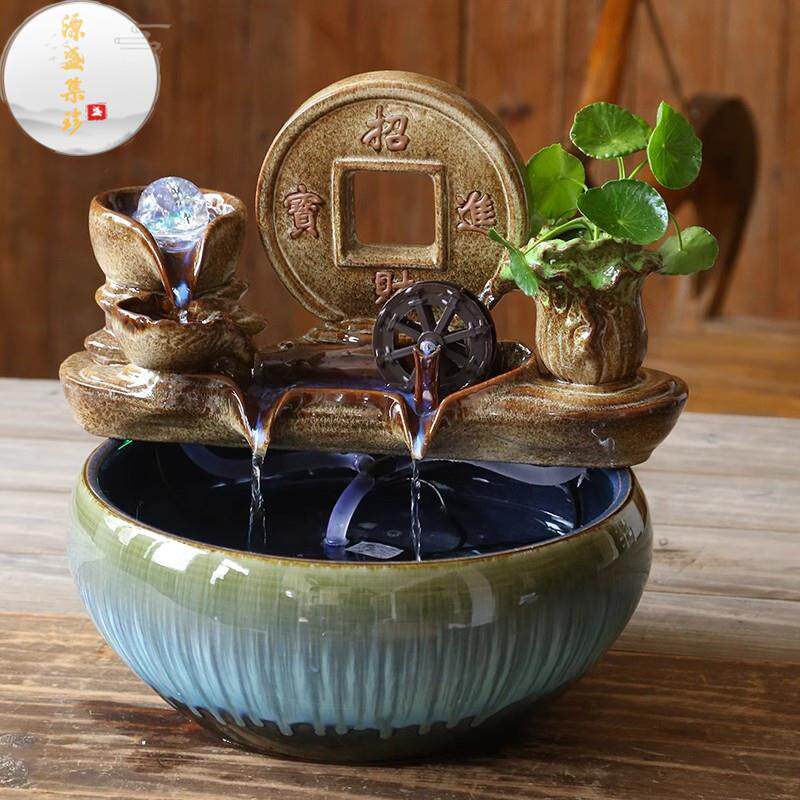 源盛集珍客厅新中式陶瓷风水流水摆件风车喷泉水景鱼缸雾化加湿器
