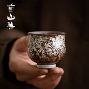 老陶泥繁花鎏银大肚杯家用陶瓷功夫茶具茶杯品茗杯小号主人杯单杯