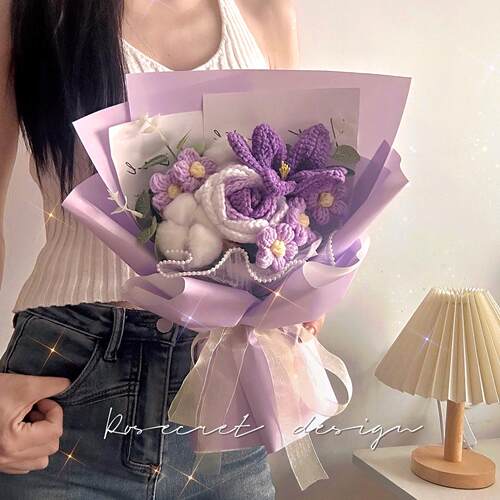 毛线 线玫瑰郁金香钩织花束编织花成品生日毕业礼物送女友老师教