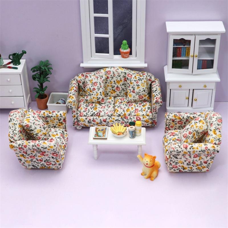 1:12迷你娃娃屋摆件DOLLHOUSE家具客厅沙发仿真碎花布艺沙发模型