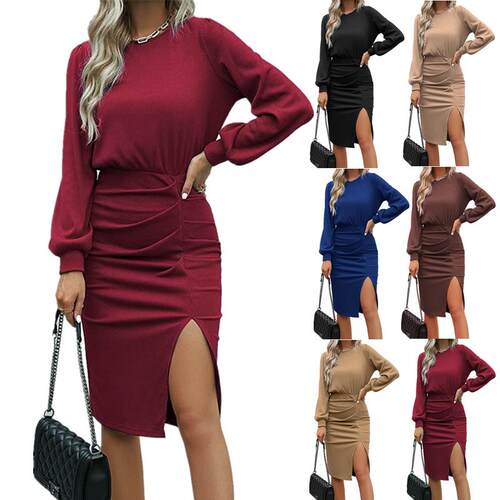 Women's waist cinched lantern long sleeved knitted slit