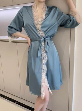 睡衣女冰丝夏季薄款白色性感睡袍七分袖和服酒店浴袍春秋冬家居服