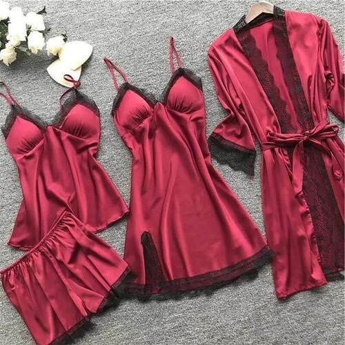 4 Pieces Pajamas Sets Satin Sleepwear Women Silk Nightwear P
