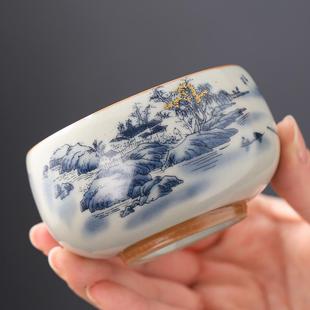 米黄汝窑主人杯满花品茗杯青花茶杯家用陶瓷功夫茶具中式可养定制