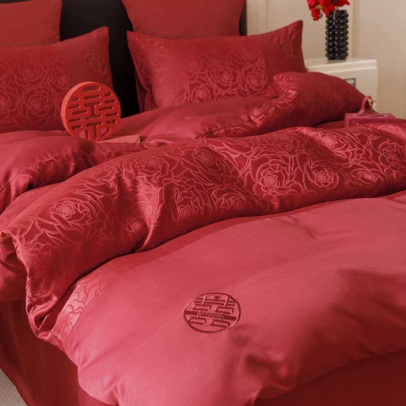 新中式婚庆纯棉四件套大红色全棉床单提花被套新婚结婚床上用品,床上用品,婚庆床品套件,淘宝优惠券,粉丝福利购,淘宝优惠卷