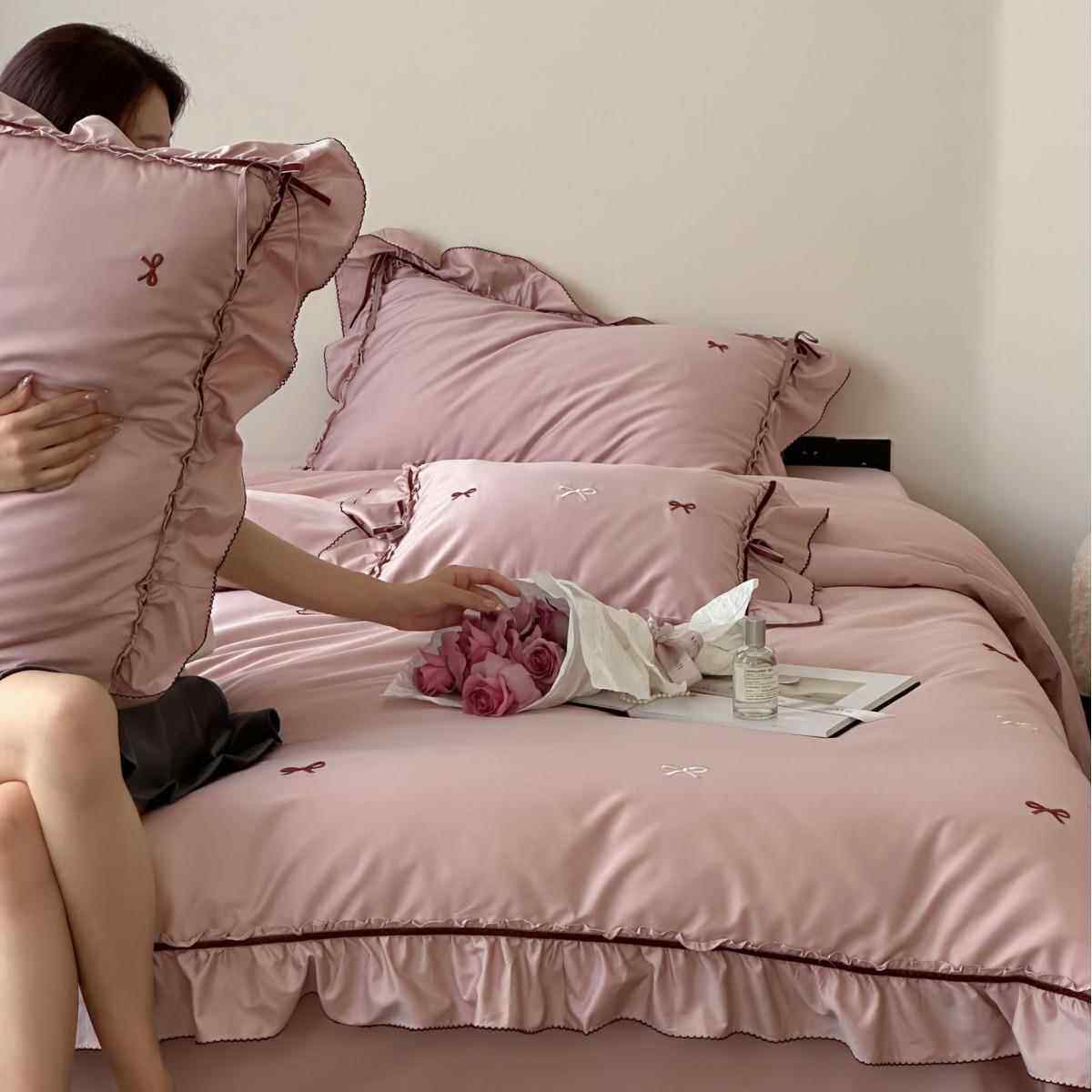 A类复古法式丝绒蝴蝶结长绒棉甜美少女心绣花纯棉被套床品四件套