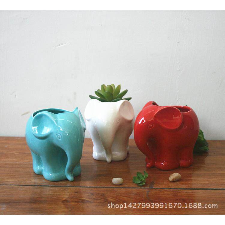 新品白色陶瓷花器/动物大象色釉白瓷多肉花盆/工艺品摆件有孔