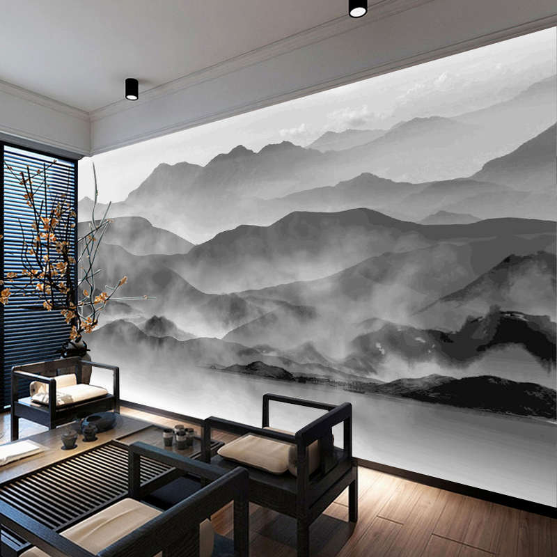 新中式电视背景墙壁纸水墨山水画墙纸客厅壁画影视墙沙发酒店墙布