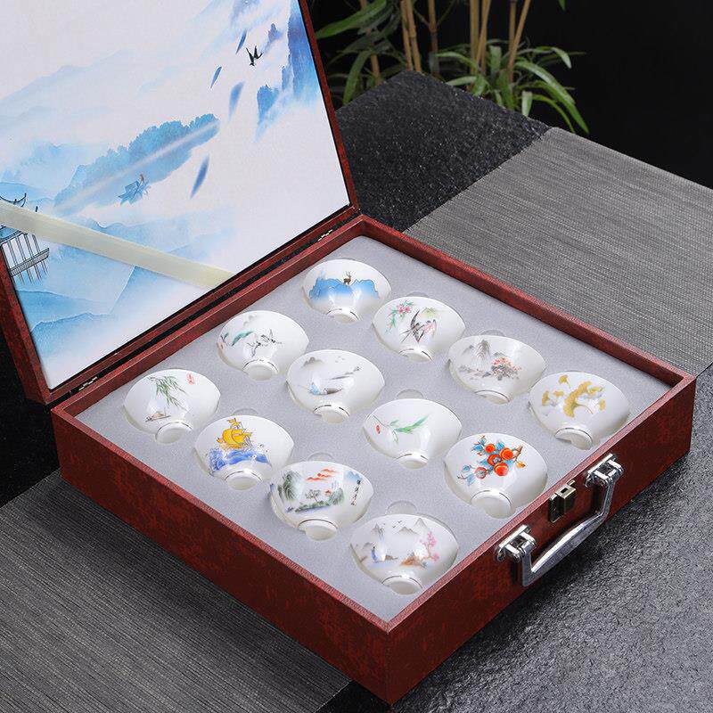 德化羊脂玉白瓷斗笠杯12祇多彩套装中式功夫茶杯高温瓷敞口品茗杯