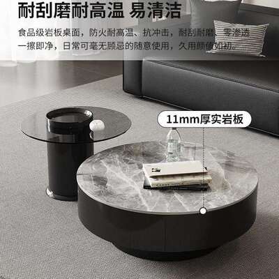 意大利灰岩板圆形茶几轻奢感简约家用小户型储物茶几组合