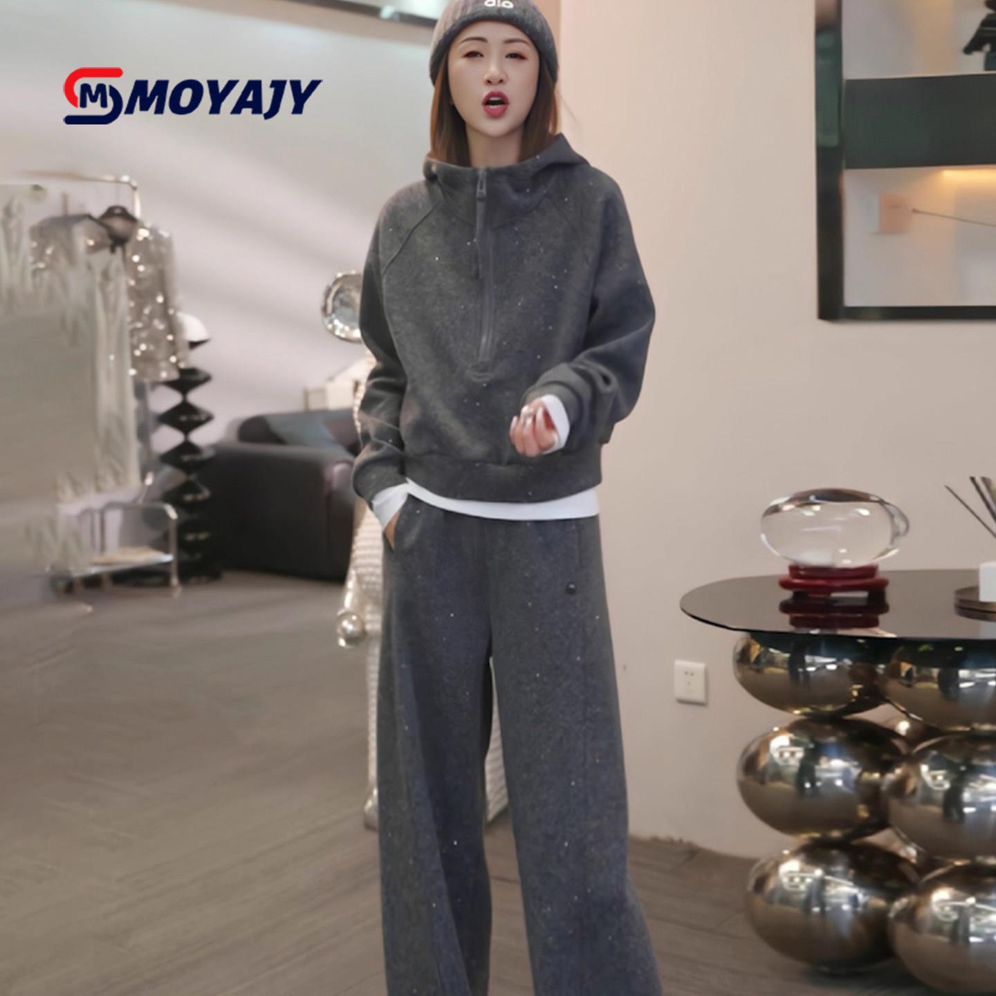 MOYAJY品牌春秋冬显瘦设计感加绒卫衣阔腿裤两件套休闲运动套装女