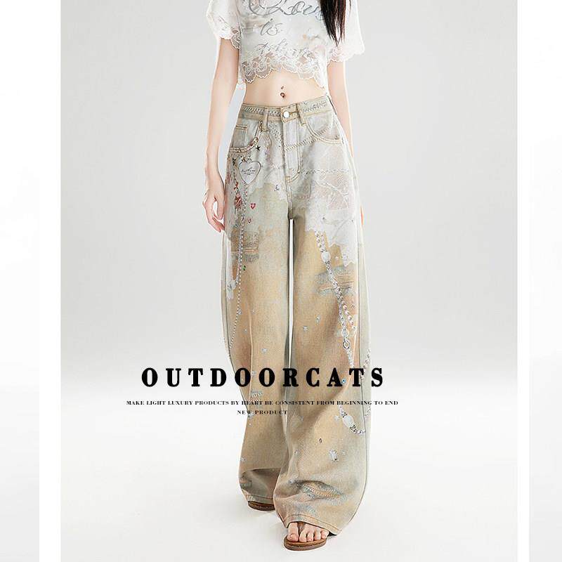 OUTDOORCAT重工链条印花牛仔裤女夏季美式设计感手绘直筒拖地裤子