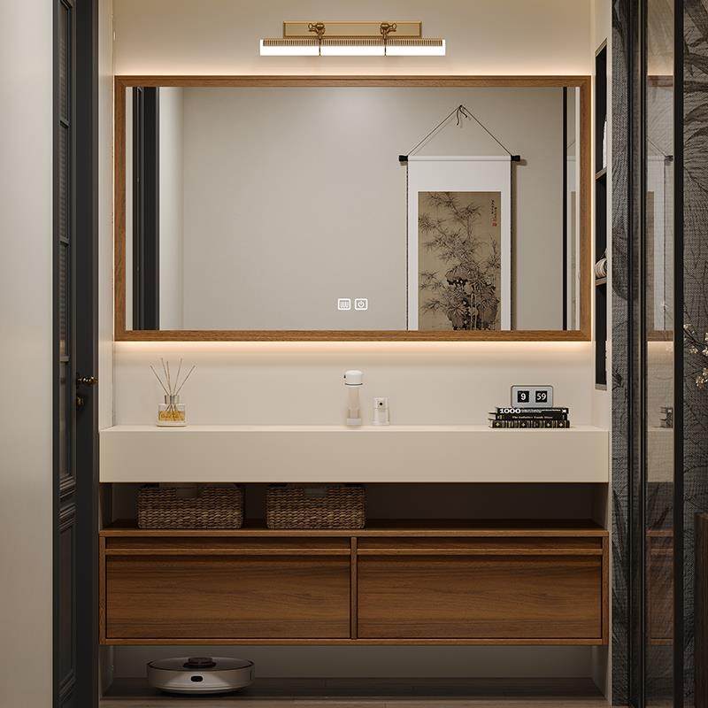 双层中古风胡桃木色浴室柜岩板热弯无缝陶瓷一体盆卫生间洗脸盆柜